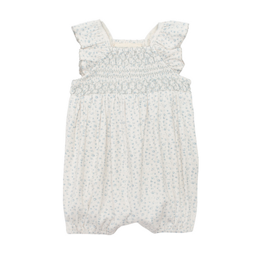 Baby girl blue floral smocked romper with flutter sleeves on white background