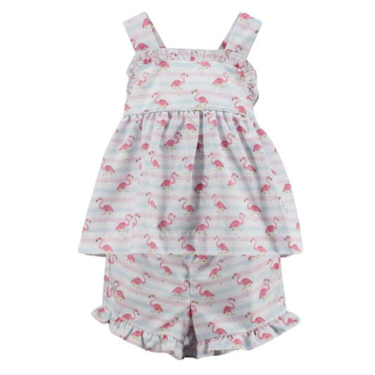 Girls flamingo two-piece outfit with ruffle tank top and matching shorts on white background