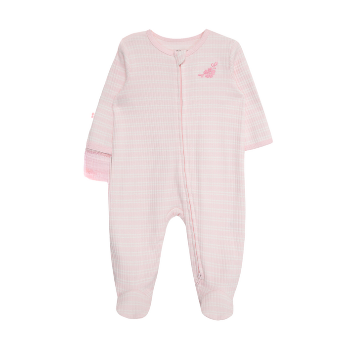 pink and white stripped footie with a flower knitted on in the top right corner