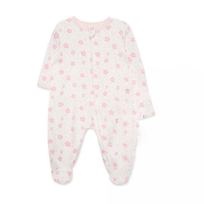 white footie with pink flower print.
