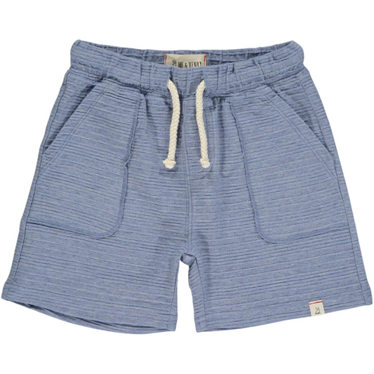 Boys blue ribbed pull-on shorts with elastic waistband, drawstring, and front patch pockets on white background.