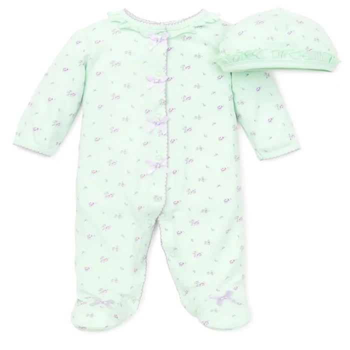 mint green footie with purple flowers and purple bows and a matching hat