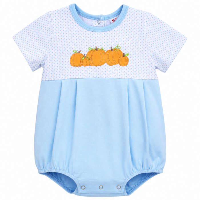 JellyBean baby bubble romper with pumpkin patch appliqué, white dot yoke, and powder blue snap-bottom body