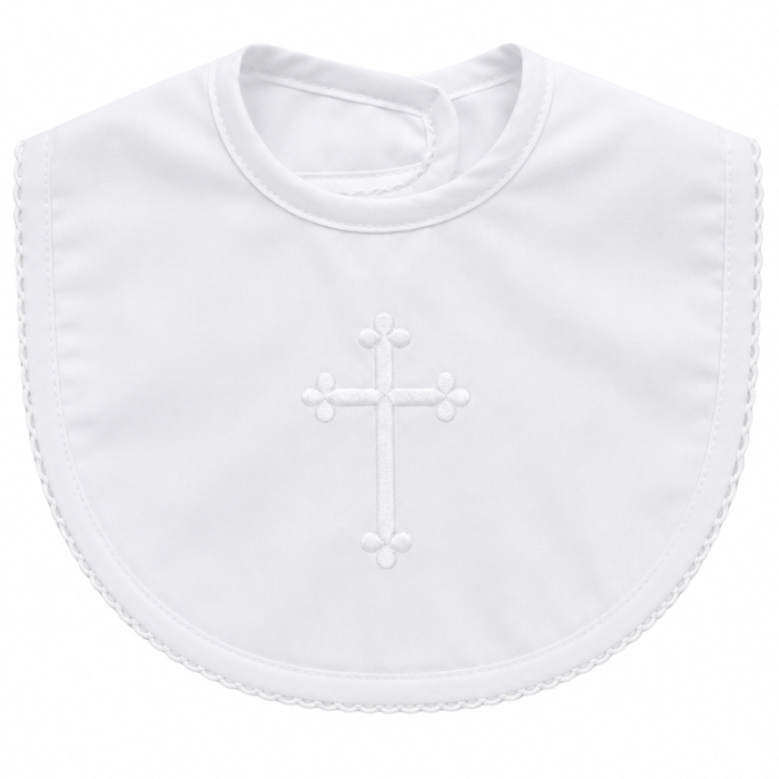 plain white bib with white cross stitched on and a picot trim