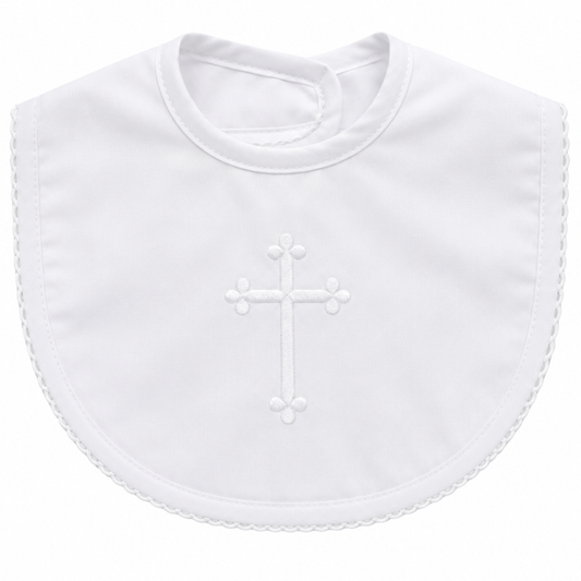 plain white bib with white cross stitched on and a picot trim