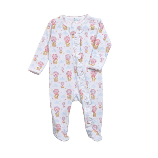 white footie with pink hot air balloons on it.