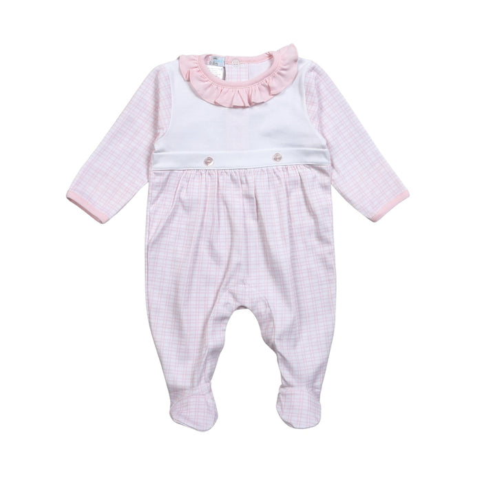 Pink plaid Pima cotton baby romper with buttons at the  waist , ruffled neckline, designed for softness, comfort, and easy diaper changes.