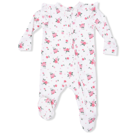 PinkFloral-patterned baby onesie on a white background