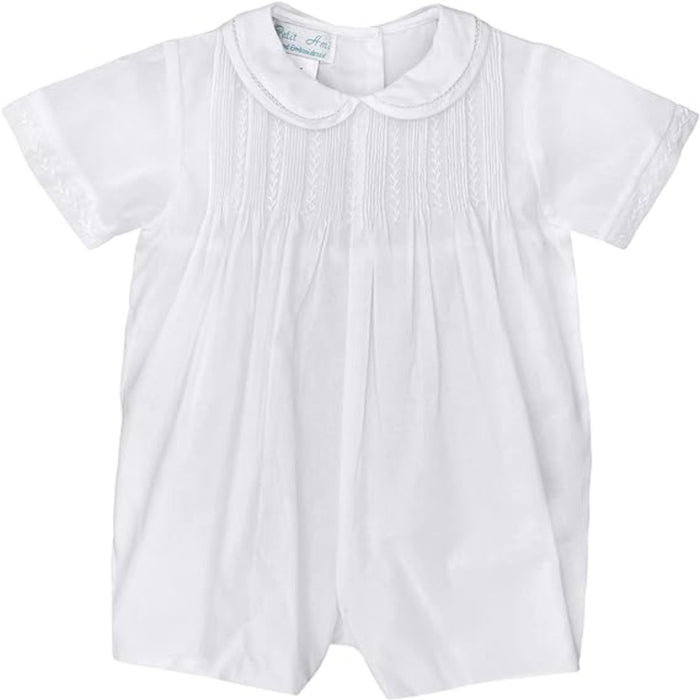 White baby boy collared romper with pintucks and featherstitching in the front and featherstitched accented sleeves