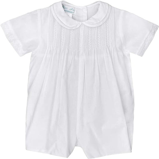 White baby boy collared romper with pintucks and featherstitching in the front and featherstitched accented sleeves