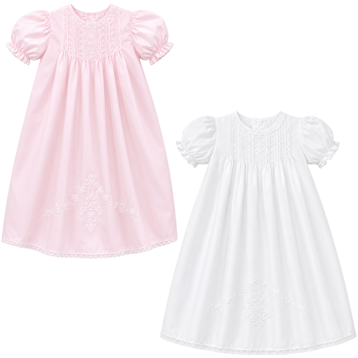 Pleated Day Gown with Hand Embroidery & Lace Detail
