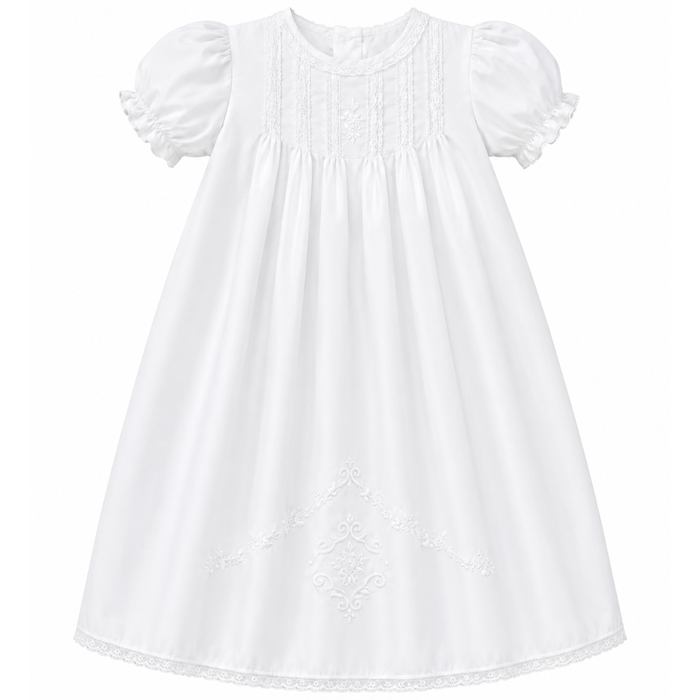 Pleated Day Gown with Hand Embroidery & Lace Detail