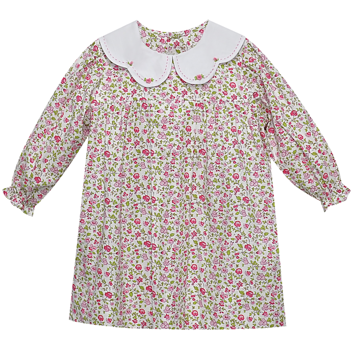 Girls’ long-sleeve dress with a pink and green floral print, ruffle cuffs, and an oversized white scalloped collar with floral embroidery.
