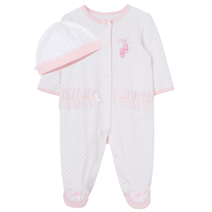 pink and white footie with ballerina slippers on the front and tool faux pockets. has a matching hat.