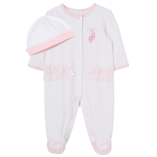 pink and white footie with ballerina slippers on the front and tool faux pockets. has a matching hat.