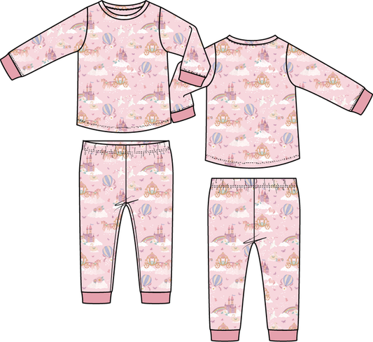 Girls princess unicorn loungewear set with long sleeve top and matching pants in pink fairytale print