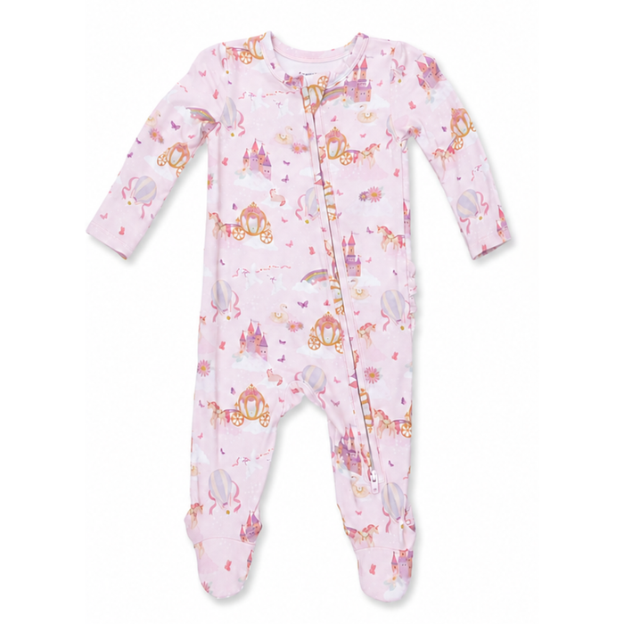 Pink long-sleeve baby footie with front zipper and princess print featuring castles, carriages, unicorns, swans, and hot-air balloons.