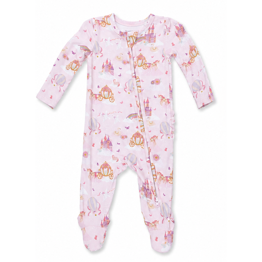 Pink long-sleeve baby footie with front zipper and princess print featuring castles, carriages, unicorns, swans, and hot-air balloons.