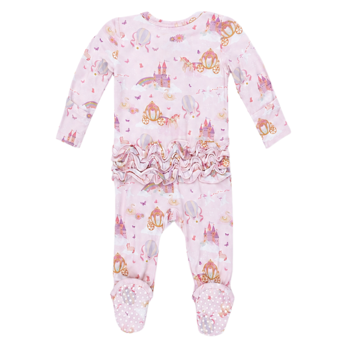Pink long-sleeve baby footie with a ruffle back and princess print featuring castles, carriages, unicorns, swans, and hot-air balloons.