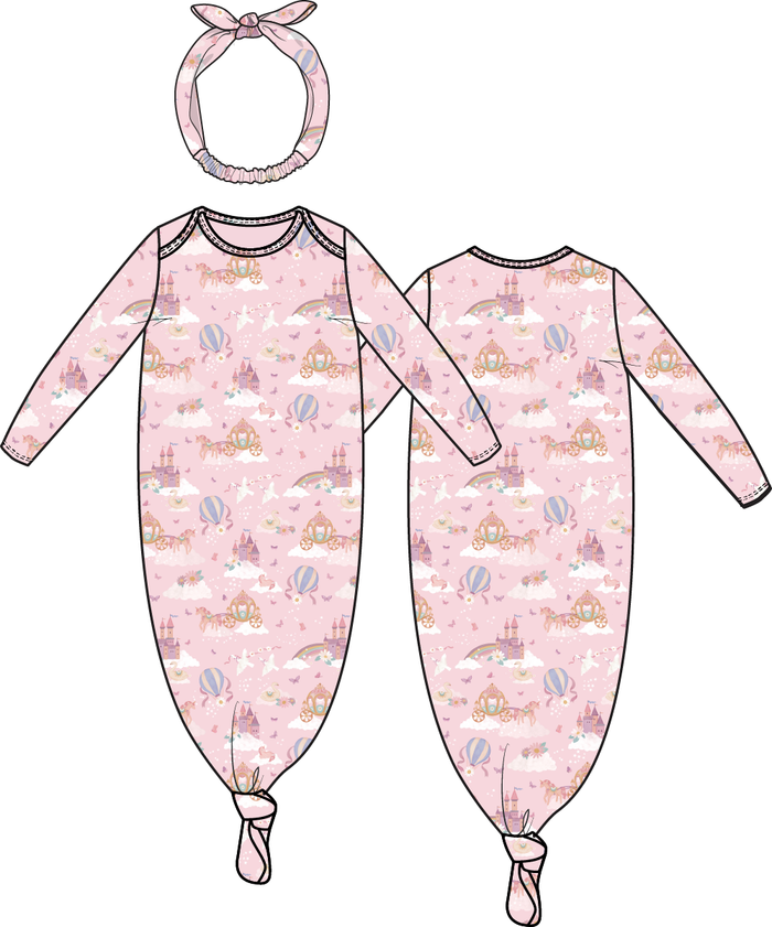 Pink baby knotted gown with unicorn, castle, and rainbow print, matching headband included, soft newborn outfit