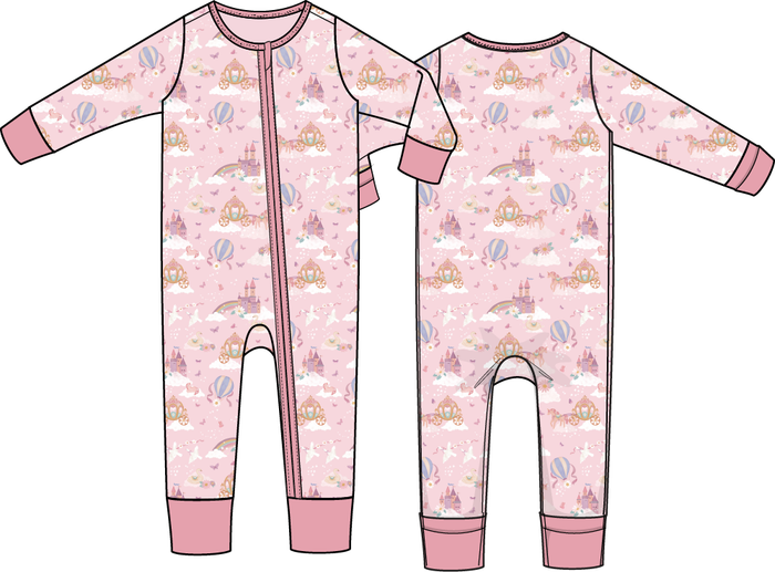 Pink baby romper with unicorn, castle, and rainbow print, long sleeve zipper sleeper with soft knit fabric