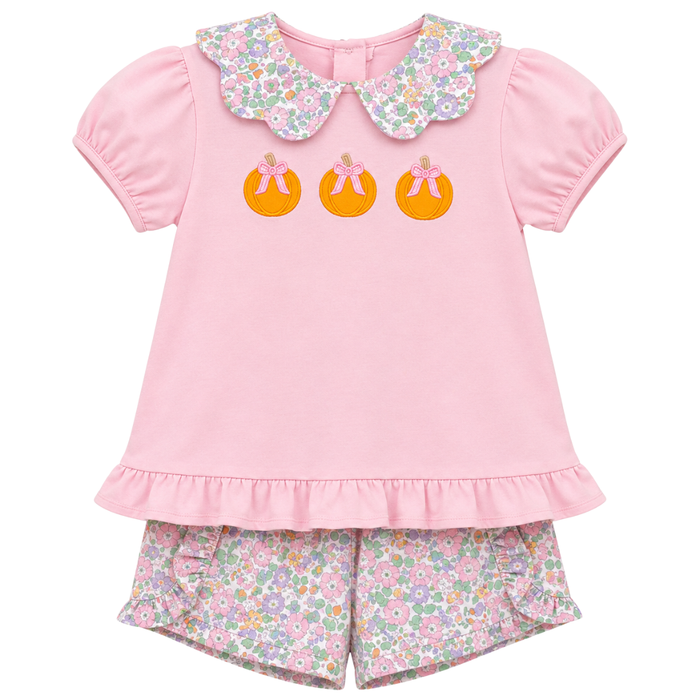 Girls pink short set with embroidered pumpkins, floral scalloped collar, puff sleeves, and matching floral shorts.
