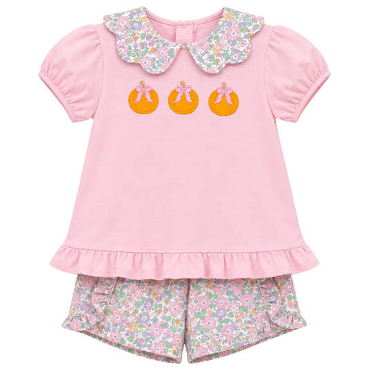 Girls pink short set with embroidered pumpkins, floral scalloped collar, puff sleeves, and matching floral shorts.