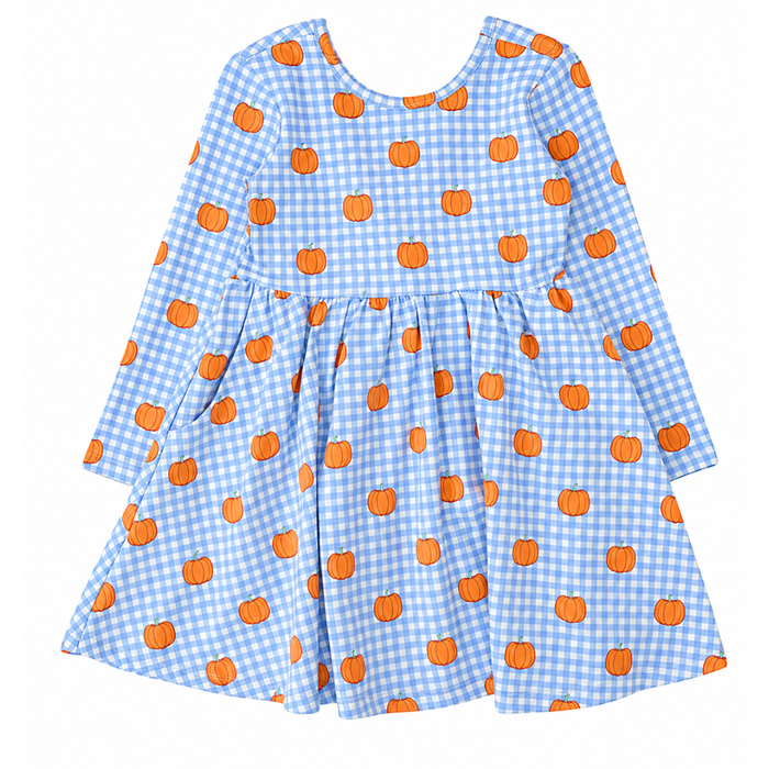 Blue gingham long sleeve girls dress with orange pumpkin print, gathered waist, and bow detail, perfect for fall and pumpkin patch outings.
