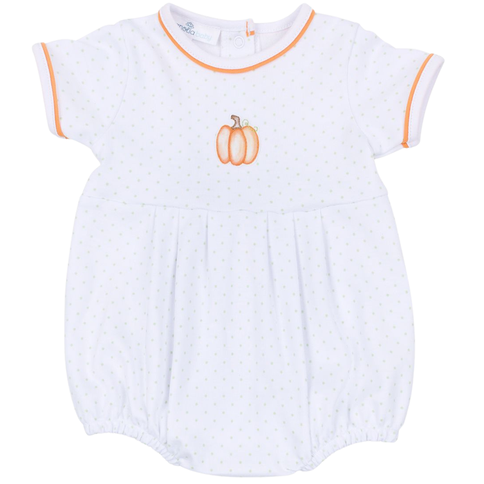 Baby white polka dot short sleeve bubble romper with pumpkin embroidery and orange trim on a white background.