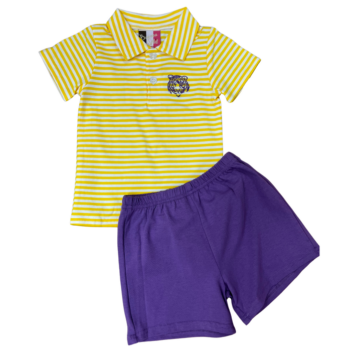 A set of children's apparel featuring a yellow and purple striped top with a Tiger embroidery and purple shorts.