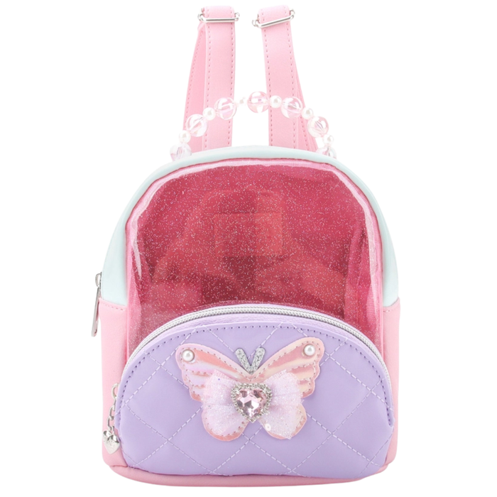 Clear glitter mini backpack with pink, purple, and blue colorblock design, butterfly detail, and beaded handle