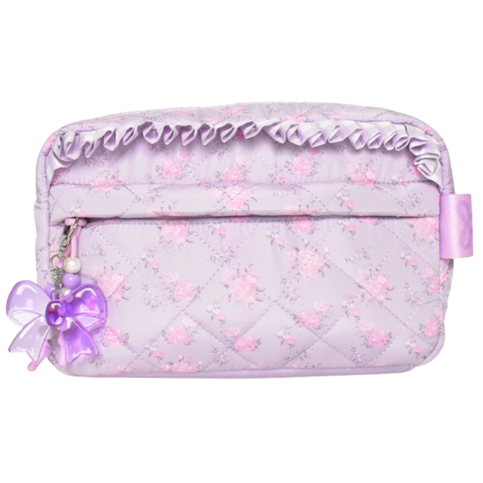 Purple quilted floral pouch with ruffle trim and glossy bow zipper charm with beads
