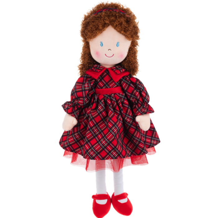Soft rag doll with curly brown hair wearing a red plaid dress, white tights, and red shoes.