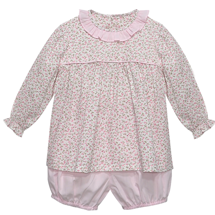 Baby girls’ two-piece outfit featuring a pink floral long-sleeve top with a ruffle collar and coordinating light pink bloomers.