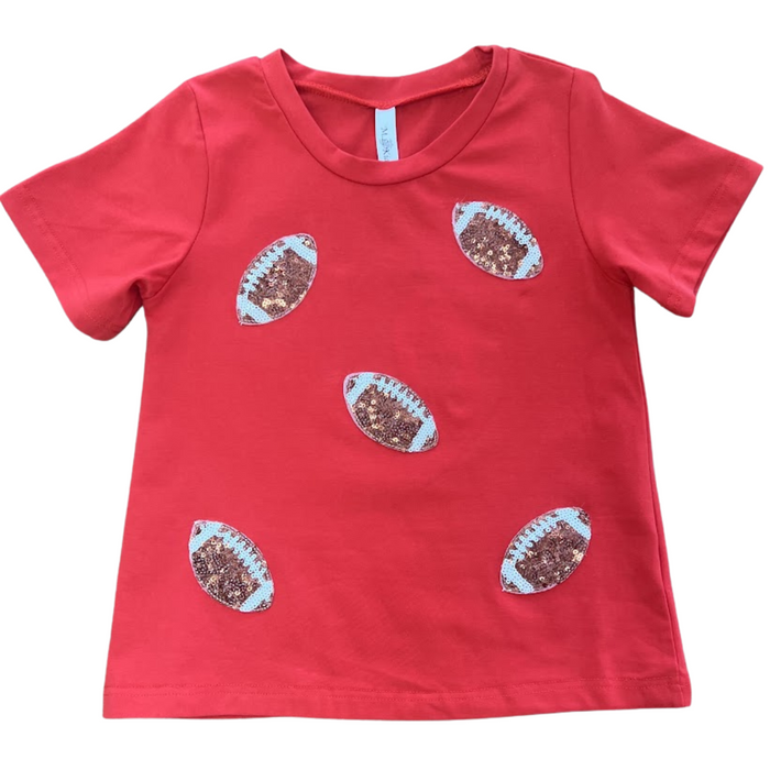 Red short sleeve girl tee with 5 sequin footballs randomly placed on the front.