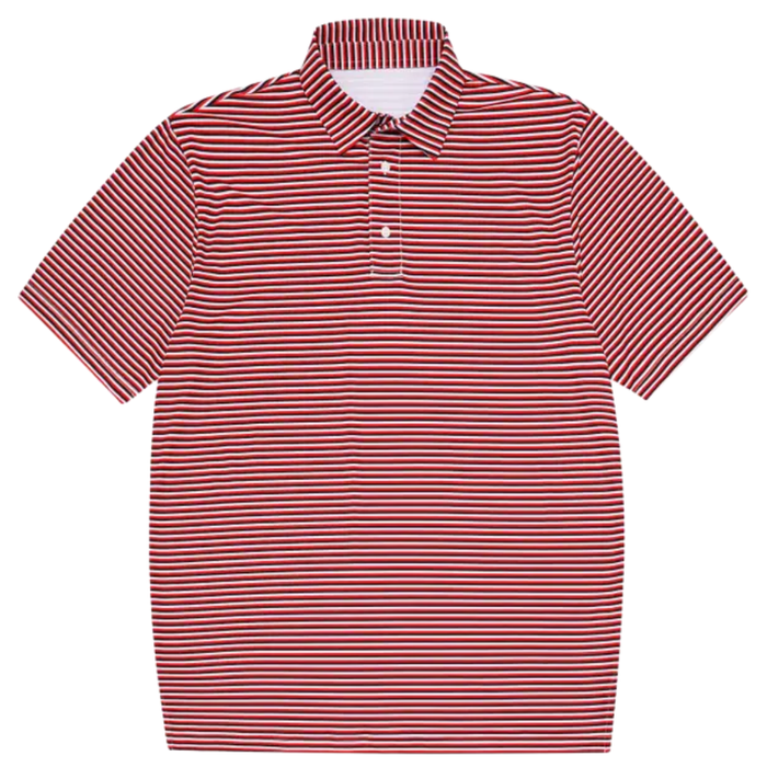 Boys red black and white striped short sleeve polo shirt with collar and button placket on white background