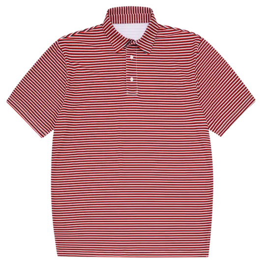 Boys red black and white striped short sleeve polo shirt with collar and button placket on white background