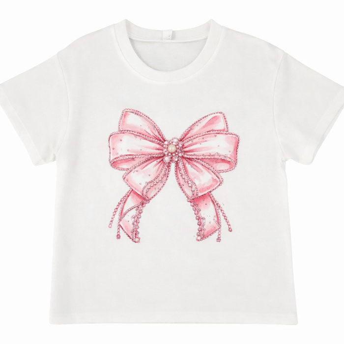 White girls short sleeve tee with large pink bow graphic and rhinestone detailing.