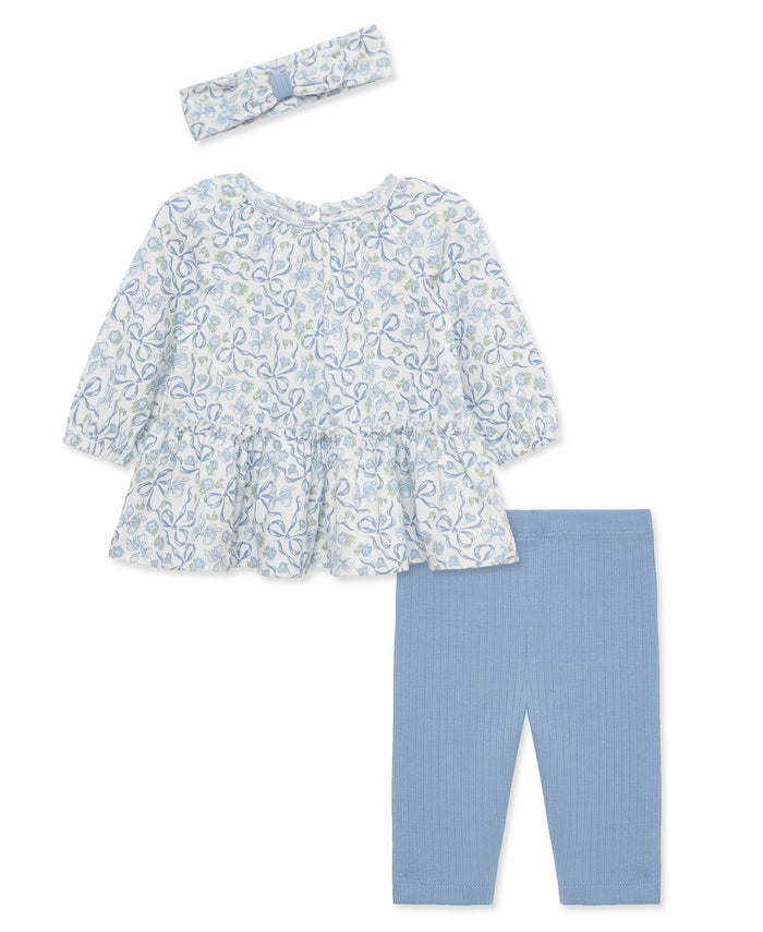 baby girl blue floral ribbon tunic outfit ribbed leggings matching headband set