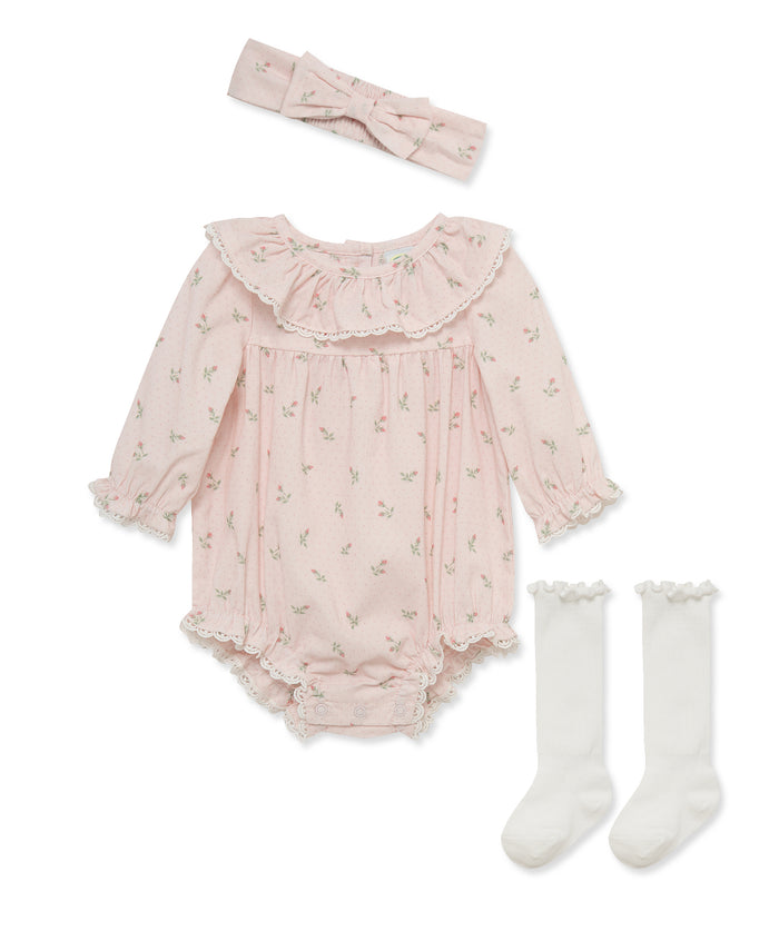 baby girl pink floral bubble outfit lace collar headband ruffle socks set