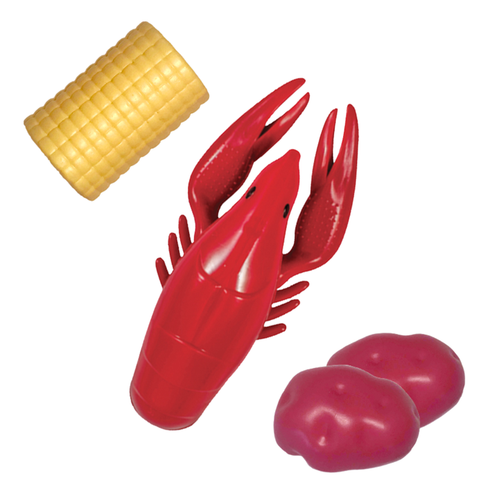 Red lobster, yellow corn, and pink potatoes on a white background