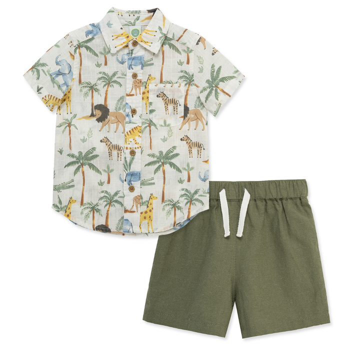 Safari animal print short sleeve button-up shirt with olive green elastic waist shorts for baby boy.