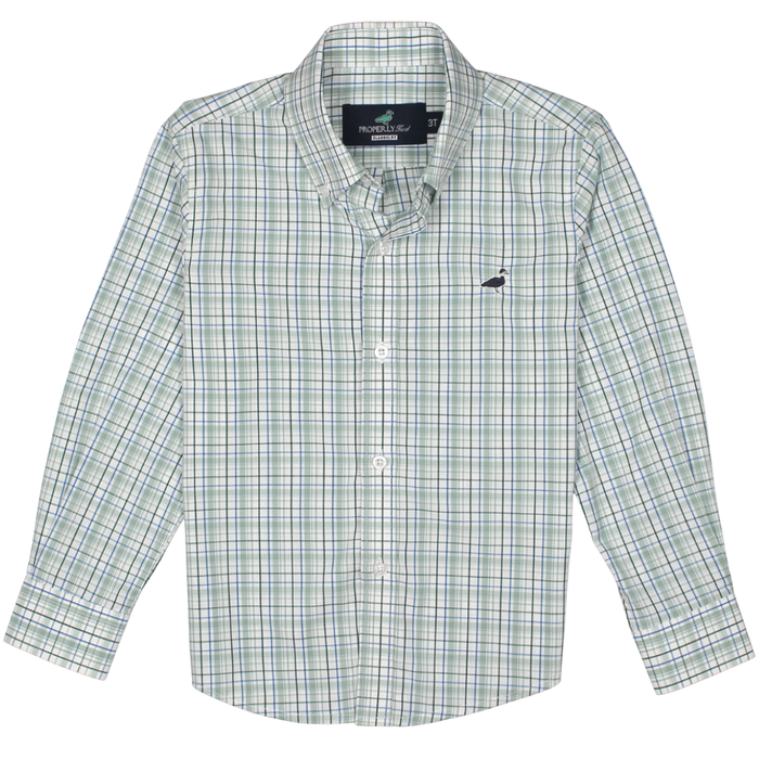 Boys sage green and blue plaid long sleeve button-up shirt with collar and chest logo detail.