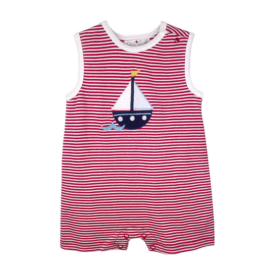 Baby boy red and white striped sleeveless romper with sailboat appliqué and snap closures on white background.