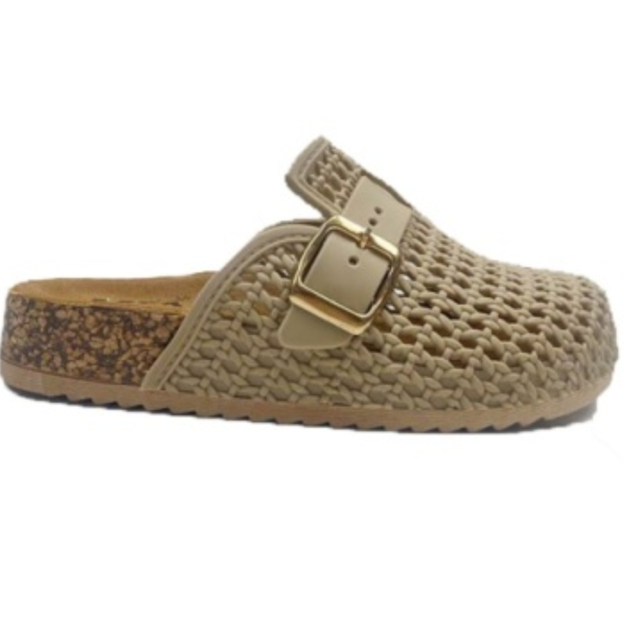 Toddler neutral woven clog sandal with adjustable buckle and cork footbed side view on white background