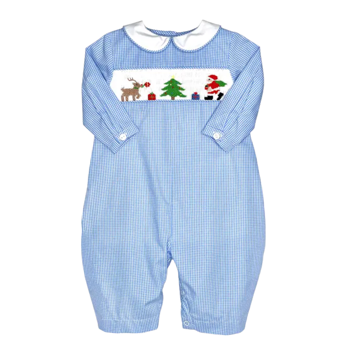 Boys blue gingham Christmas romper with smocked Santa, reindeer, tree and gifts, a white Peter Pan collar and long sleeves.