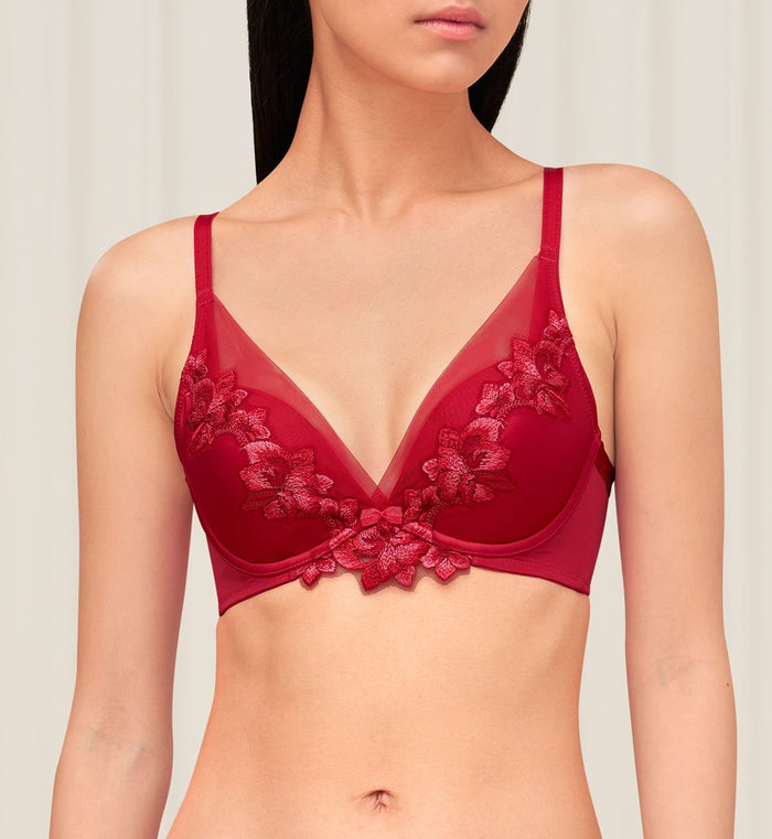 SATEEN DEEP V WIRED PUSH UP BRA 01 - MARS RED