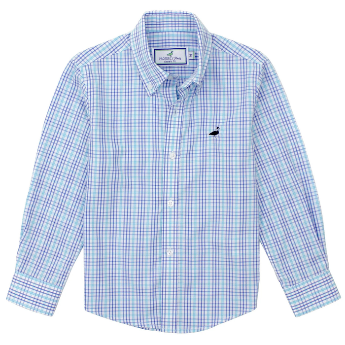 Boys blue and mint plaid long sleeve button-down shirt with embroidered bird logo on chest.