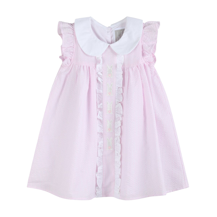 Pink seersucker girls Easter dress with white Peter Pan collar ruffle trim and embroidered bunny detail on white background
