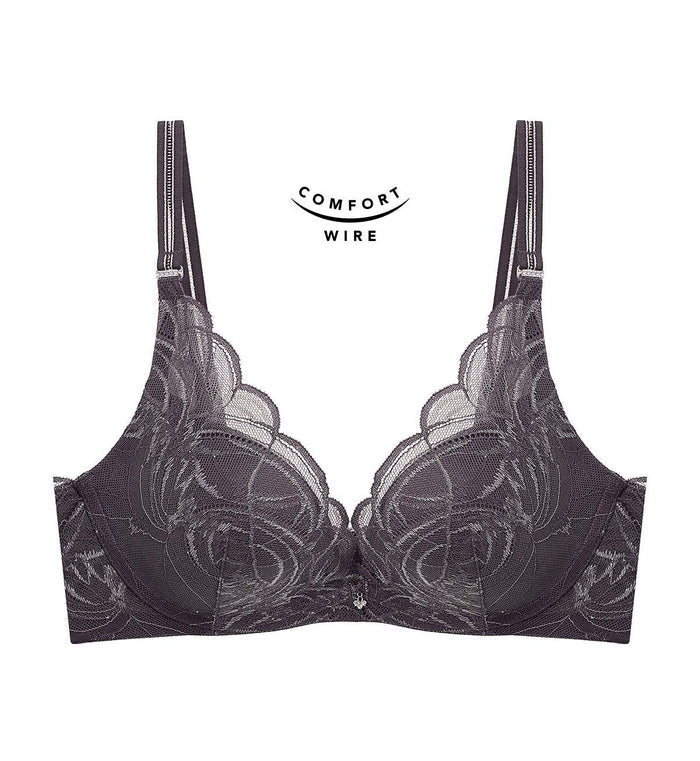 Shimmer Lace Wired Push Up Deep V Bra - GRAPHITE